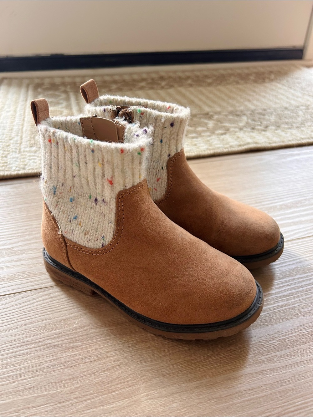 Cat & Jack Tan Suede Boots with Cream Speckled Knit Cuff
